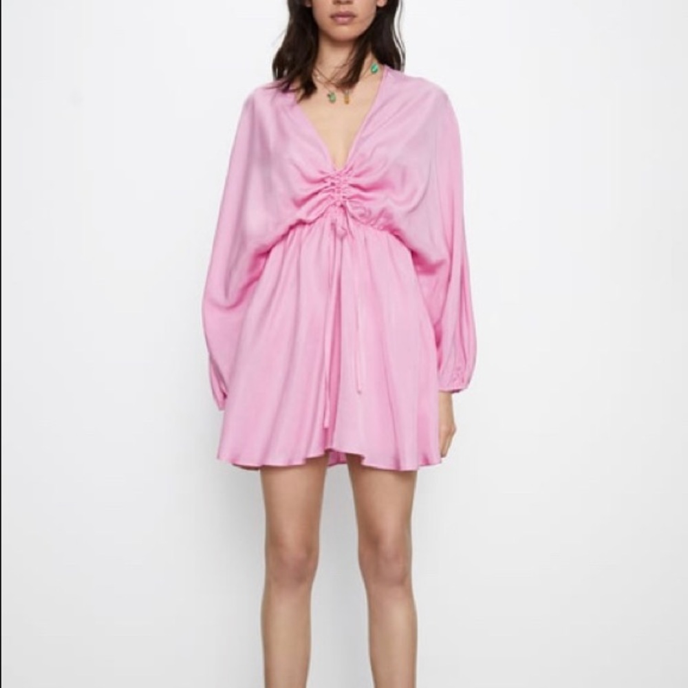Pink Satin Effect Mini Dress With Ruching